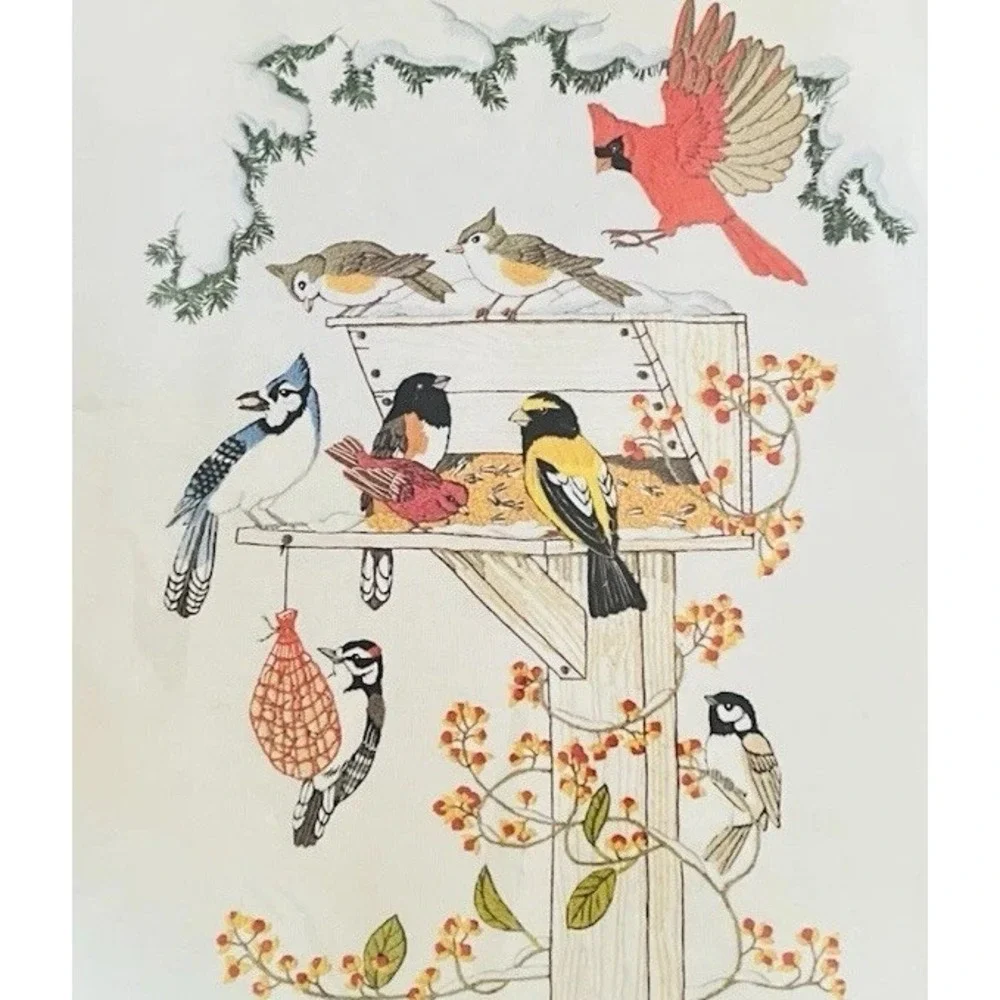 Vintage Crewel Kit Birds Feeding NIP 16x20 Flowers Bird Wool Yarn Bird‎ Feeder